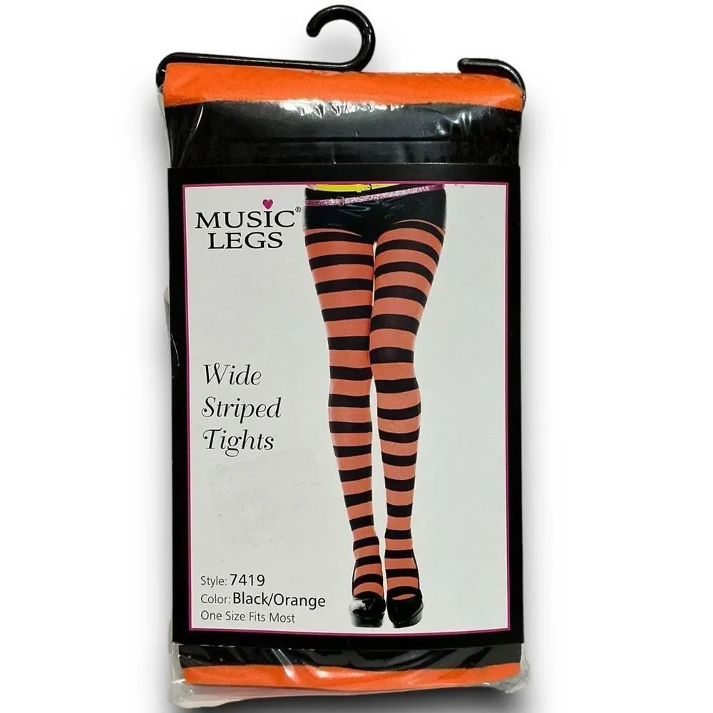 Music Legs 7419 Black & Orange Wide Striped Tights One Size Fits Most